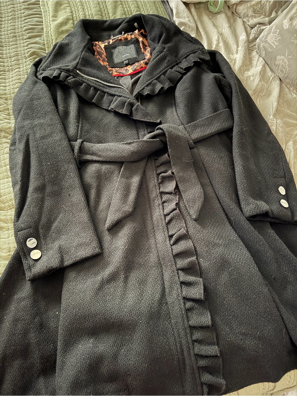 Steve Madden Black Belted Ruffle Trench Coat